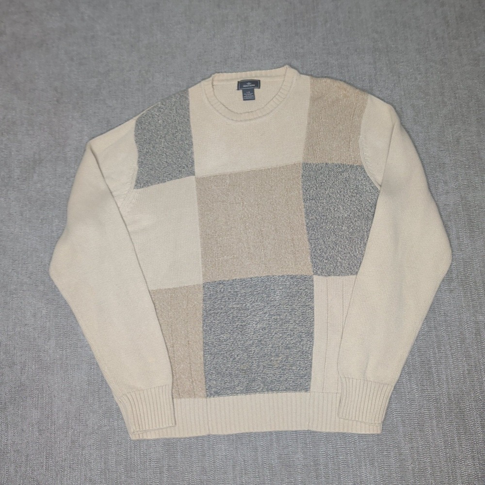 Dockers Mens Large Cotton Colorblock Patchwork Crewneck Sweater Beige Grey Tan